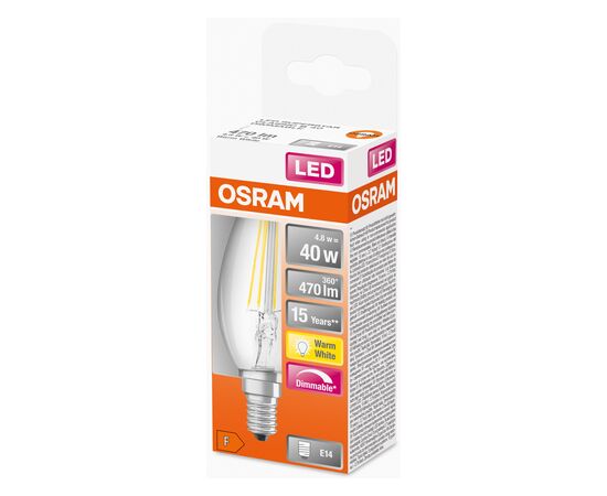 Лампочка Osram LED CL B40 DIM 4,8W/827 230V FIL E14 (4058075437043), изображение 3 Лампочка Osram LED CL B40 DIM 4,8W/827 230V FIL E14 (4058075437043), изображение 3