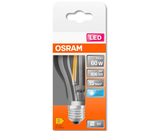 Лампочка Osram LED CL A60 6,5W/840 230V FIL E27 (4058075112308), зображення 4 Лампочка Osram LED CL A60 6,5W/840 230V FIL E27 (4058075112308), зображення 4