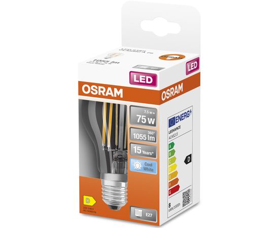 Лампочка Osram LED CLA75 7,5W/840 230V FIL E27 (4058075112445), изображение 3 Лампочка Osram LED CLA75 7,5W/840 230V FIL E27 (4058075112445), изображение 3