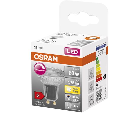 Лампочка Osram LED PAR16 DIM 80 36 8,3W/927 230V GU10 (4058075433663), зображення 3 Лампочка Osram LED PAR16 DIM 80 36 8,3W/927 230V GU10 (4058075433663), зображення 3