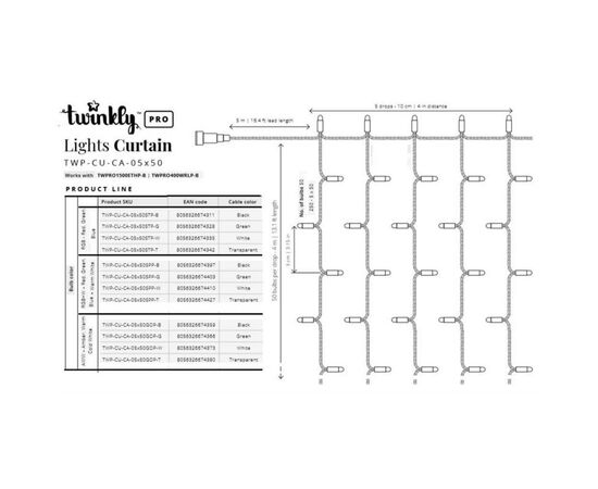 Гирлянда Twinkly Smart LED Pro Curtain RGBW 250, AWG22, IP65, черный (TWP-CU-CA-05X50SPP-B), изображение 10 Гирлянда Twinkly Smart LED Pro Curtain RGBW 250, AWG22, IP65, черный (TWP-CU-CA-05X50SPP-B), изображение 10