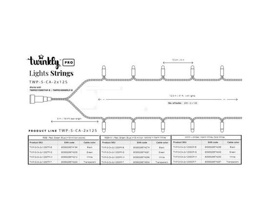 Гирлянда Twinkly Smart LED Pro Strings RGBW 250, двойная линия, AWG22, IP65, (TWP-S-CA-2X125SPP-B), изображение 9 Гирлянда Twinkly Smart LED Pro Strings RGBW 250, двойная линия, AWG22, IP65, (TWP-S-CA-2X125SPP-B), изображение 9