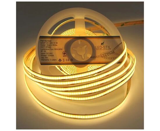 Светодиодная лента LED-STIL 2700K 10 Вт/м COB 320 диодов IP33 24 Вольта 850 lm теплый свет (UC27-24-320-8-90), изображение 2 Светодиодная лента LED-STIL 2700K 10 Вт/м COB 320 диодов IP33 24 Вольта 850 lm теплый свет (UC27-24-320-8-90), изображение 2