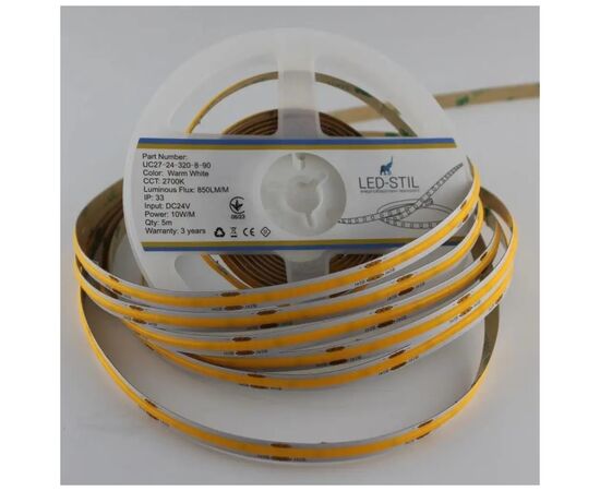 Светодиодная лента LED-STIL 2700K 10 Вт/м COB 320 диодов IP33 24 Вольта 850 lm теплый свет (UC27-24-320-8-90), изображение 3 Светодиодная лента LED-STIL 2700K 10 Вт/м COB 320 диодов IP33 24 Вольта 850 lm теплый свет (UC27-24-320-8-90), изображение 3