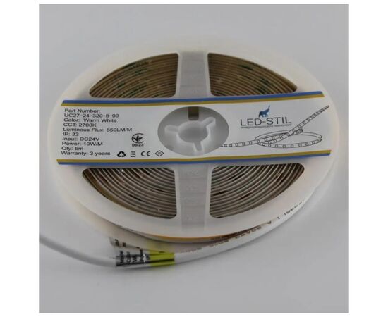 Светодиодная лента LED-STIL 2700K 10 Вт/м COB 320 диодов IP33 24 Вольта 850 lm теплый свет (UC27-24-320-8-90), изображение 5 Светодиодная лента LED-STIL 2700K 10 Вт/м COB 320 диодов IP33 24 Вольта 850 lm теплый свет (UC27-24-320-8-90), изображение 5