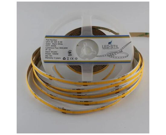Светодиодная лента LED-STIL 3000K 10 Вт/м COB 320 диодов IP33 24 Вольта 900 lm теплый свет (UC3-24-320-8-90), изображение 2 Светодиодная лента LED-STIL 3000K 10 Вт/м COB 320 диодов IP33 24 Вольта 900 lm теплый свет (UC3-24-320-8-90), изображение 2