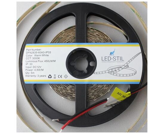 Светодиодная лента LED-STIL 3000K 4,8 Вт/м 2835 60 діодів IP33 24 Вольта 450 lm (DFN2835-60A3-IP33-24V), изображение 2 Светодиодная лента LED-STIL 3000K 4,8 Вт/м 2835 60 діодів IP33 24 Вольта 450 lm (DFN2835-60A3-IP33-24V), изображение 2