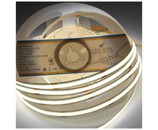 Світлодіодна стрічка LED-STIL 5000K 10 Вт/м COB 320 діодів IP33 24 Вольта 1000 lm нейтральне світло (UC5-24-320-8-90), зображення 2 Світлодіодна стрічка LED-STIL 5000K 10 Вт/м COB 320 діодів IP33 24 Вольта 1000 lm нейтральне світло (UC5-24-320-8-90), зображення 2