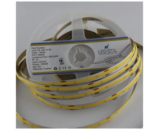 Світлодіодна стрічка LED-STIL 5000K 10 Вт/м COB 320 діодів IP33 24 Вольта 1000 lm нейтральне світло (UC5-24-320-8-90), зображення 4 Світлодіодна стрічка LED-STIL 5000K 10 Вт/м COB 320 діодів IP33 24 Вольта 1000 lm нейтральне світло (UC5-24-320-8-90), зображення 4