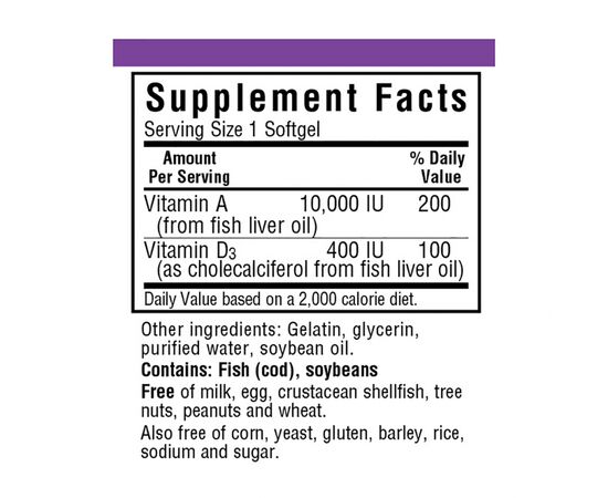 Витамин Bluebonnet Nutrition Витамин А и D3 10 000 IU/400 IU, 100 желатиновых капсул (BLB0300), изображение 2 Витамин Bluebonnet Nutrition Витамин А и D3 10 000 IU/400 IU, 100 желатиновых капсул (BLB0300), изображение 2