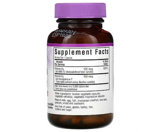 Витамин Bluebonnet Nutrition Витамины D3 и K2, Vitamins D3 & K2, 60 вегетарианских капсу (BLB-00654), изображение 2 Витамин Bluebonnet Nutrition Витамины D3 и K2, Vitamins D3 & K2, 60 вегетарианских капсу (BLB-00654), изображение 2