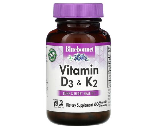 Витамин Bluebonnet Nutrition Витамины D3 и K2, Vitamins D3 & K2, 60 вегетарианских капсу (BLB-00654)
