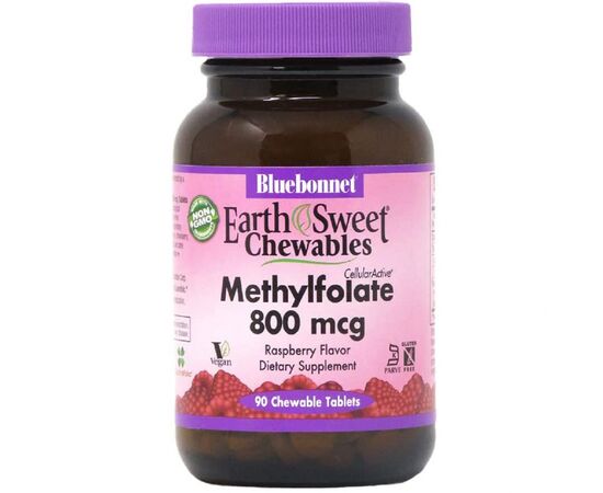Витамин Bluebonnet Nutrition Метилфолат (B9) 800мкг, Вкус Малины, Earth Sweet Chewables, (BLB0454)