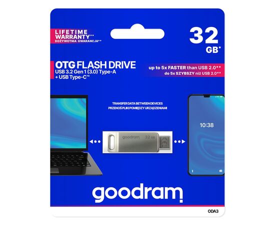 USB флеш накопитель Goodram 32GB ODA3 Silver USB 3.0 / Type-C (ODA3-0320S0R11), изображение 5 USB флеш накопитель Goodram 32GB ODA3 Silver USB 3.0 / Type-C (ODA3-0320S0R11), изображение 5