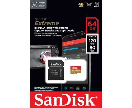 Карта памяти SanDisk 64GB microSD class 10 UHS-I U3 Extreme (SDSQXAH-064G-GN6MA), изображение 3 Карта памяти SanDisk 64GB microSD class 10 UHS-I U3 Extreme (SDSQXAH-064G-GN6MA), изображение 3