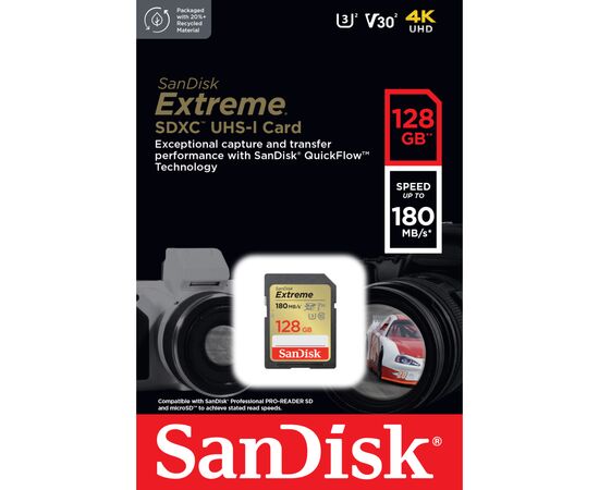 Карта памяти SanDisk 128GB SD class 10 UHS-I Extreme (SDSDXVA-128G-GNCIN), изображение 3 Карта памяти SanDisk 128GB SD class 10 UHS-I Extreme (SDSDXVA-128G-GNCIN), изображение 3