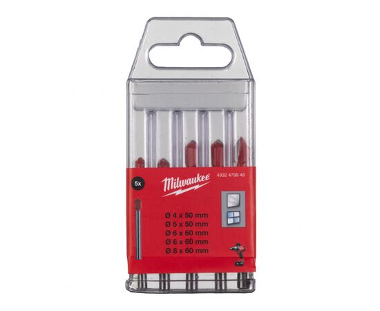 Набір свердл Milwaukee по склу та плитці GENII 1x4x50, 1x5x50, 2x6x60, 1x8x60, 5 шт (4932479948)