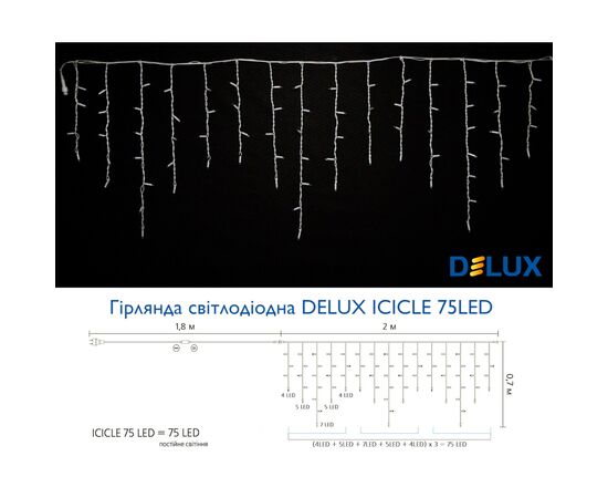 Гирлянда Delux ICICLE 75 LED 2 x 0.7 м IP44 EN Белый/белый (90016588), изображение 3 Гирлянда Delux ICICLE 75 LED 2 x 0.7 м IP44 EN Белый/белый (90016588), изображение 3