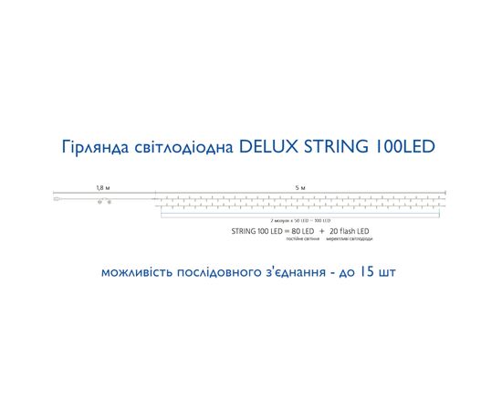 Гирлянда Delux STRING 100LED 10 м flash Белый/Прозрачный IP44 (90015187), изображение 4 Гирлянда Delux STRING 100LED 10 м flash Белый/Прозрачный IP44 (90015187), изображение 4