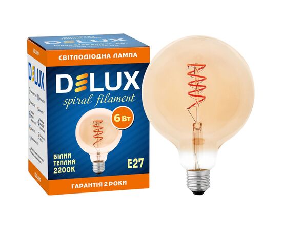 Лампочка Delux Globe G125 6Вт E27 2200К amber spiral filament (90018147), изображение 2 Лампочка Delux Globe G125 6Вт E27 2200К amber spiral filament (90018147), изображение 2