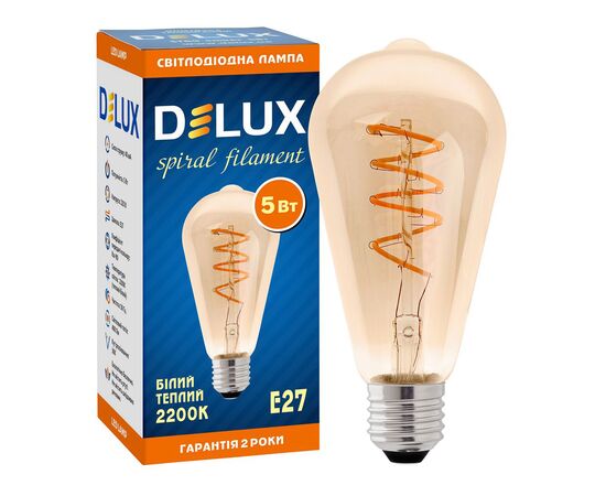 Лампочка Delux ST64 5Вт E27 2200К amber spiral_filament (90018153), изображение 2 Лампочка Delux ST64 5Вт E27 2200К amber spiral_filament (90018153), изображение 2