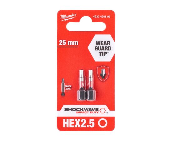 Набор бит Milwaukee SHOCKWAVE Hex2.5, 25мм, 2шт (4932430893), изображение 3 Набор бит Milwaukee SHOCKWAVE Hex2.5, 25мм, 2шт (4932430893), изображение 3