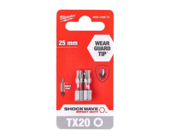 Набор бит Milwaukee SHOCKWAVE TX20, 25мм, 2шт (4932430874), изображение 3 Набор бит Milwaukee SHOCKWAVE TX20, 25мм, 2шт (4932430874), изображение 3