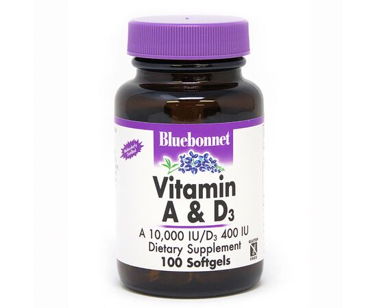 Витамин Bluebonnet Nutrition Витамин А и D3 10 000 IU/400 IU, 100 желатиновых капсул (BLB0300), изображение 2 Витамин Bluebonnet Nutrition Витамин А и D3 10 000 IU/400 IU, 100 желатиновых капсул (BLB0300), изображение 2