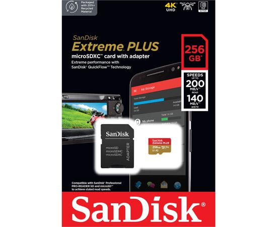 Карта памяти SanDisk 256GB microSD class 10 V30 Extreme PLUS (SDSQXBD-256G-GN6MA), изображение 4 Карта памяти SanDisk 256GB microSD class 10 V30 Extreme PLUS (SDSQXBD-256G-GN6MA), изображение 4