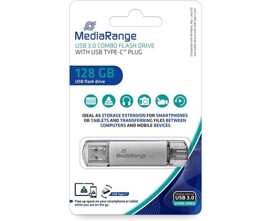 USB флеш накопичувач Mediarange 128GB Silver USB 3.0 / Type-C (MR938), зображення 2 USB флеш накопичувач Mediarange 128GB Silver USB 3.0 / Type-C (MR938), зображення 2