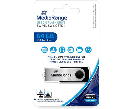 USB флеш накопитель Mediarange 64GB Black/Silver USB 2.0 (MR912), изображение 3