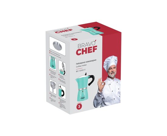 Гейзерная кофеварка Bravo Chef Бірюзова 3 чашки (BC-12100-3), изображение 7 Гейзерная кофеварка Bravo Chef Бірюзова 3 чашки (BC-12100-3), изображение 7