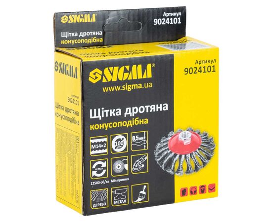 Щетка для электроинструмента Sigma проволочная конусообразная 100мм М14x2мм стальная витая 9024101 (9024101), изображение 2