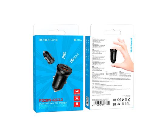 Зарядное устройство BOROFONE BZ18A PD20W+QC3.0 car charger USB-A/Type-C Black (BZ18AB), изображение 4 Зарядное устройство BOROFONE BZ18A PD20W+QC3.0 car charger USB-A/Type-C Black (BZ18AB), изображение 4