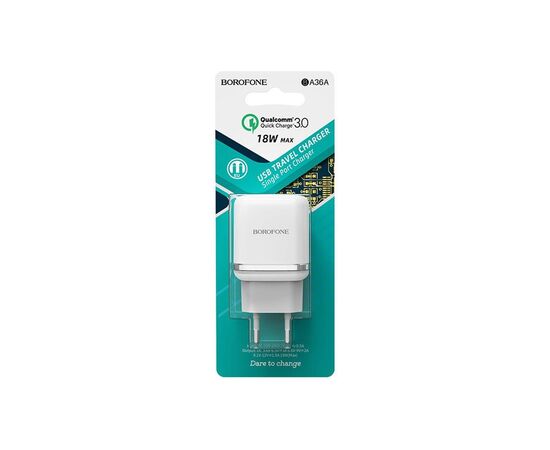 Зарядное устройство BOROFONE BA36A High speed single port QC3.0 charger set White (BA36AW), изображение 4 Зарядное устройство BOROFONE BA36A High speed single port QC3.0 charger set White (BA36AW), изображение 4