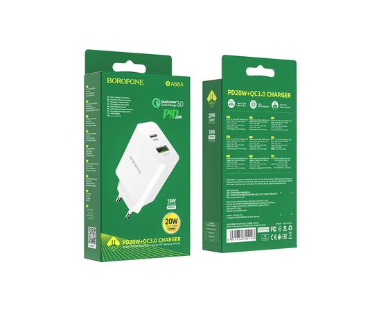 Зарядное устройство BOROFONE BA56A Lavida dual port PD20W+QC3.0 charger White (BA56AW), изображение 7 Зарядное устройство BOROFONE BA56A Lavida dual port PD20W+QC3.0 charger White (BA56AW), изображение 7