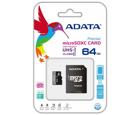 Карта памяти ADATA 64GB microSD class 10 UHS-I (AUSDX64GUICL10-RA1), изображение 2 Карта памяти ADATA 64GB microSD class 10 UHS-I (AUSDX64GUICL10-RA1), изображение 2