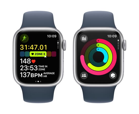 Смарт-часы Apple Watch Series 9 GPS 41mm Silver Aluminium Case with Storm Blue Sport Band - S/M (MR903QP/A), изображение 6 Смарт-часы Apple Watch Series 9 GPS 41mm Silver Aluminium Case with Storm Blue Sport Band - S/M (MR903QP/A), изображение 6
