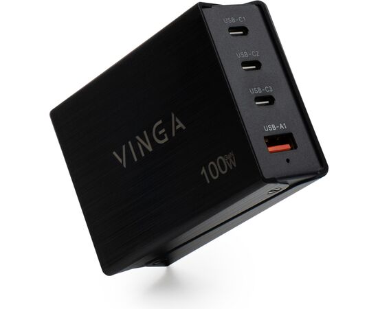 Зарядное устройство Vinga GaN 100W PD+QC 3C1A ports 1.2m Wired Charger (VCPCH100CB), изображение 2 Зарядное устройство Vinga GaN 100W PD+QC 3C1A ports 1.2m Wired Charger (VCPCH100CB), изображение 2