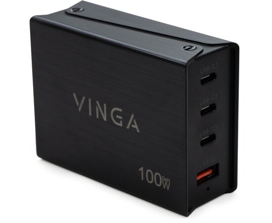 Зарядний пристрій Vinga GaN 100W PD+QC 3C1A ports 1.2m Wired Charger (VCPCH100CB)