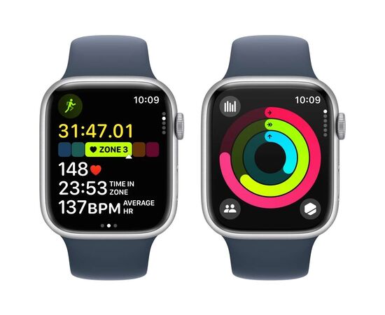 Смарт-годинник Apple Watch Series 9 GPS 45mm Silver Aluminium Case with Storm Blue Sport Band - S/M (MR9D3QP/A), зображення 5 Смарт-годинник Apple Watch Series 9 GPS 45mm Silver Aluminium Case with Storm Blue Sport Band - S/M (MR9D3QP/A), зображення 5