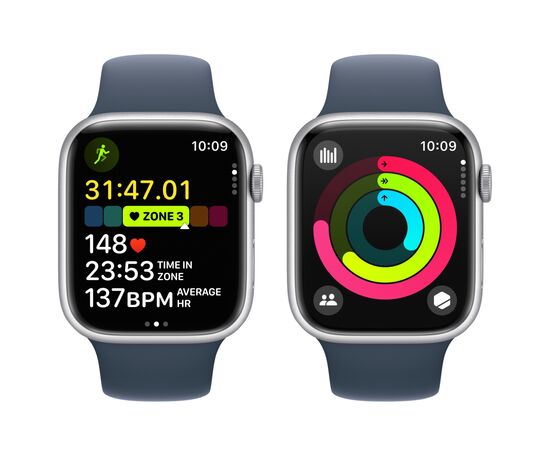 Смарт-годинник Apple Watch Series 9 GPS 45mm Silver Aluminium Case with Storm Blue Sport Band - M/L (MR9E3QP/A), зображення 7