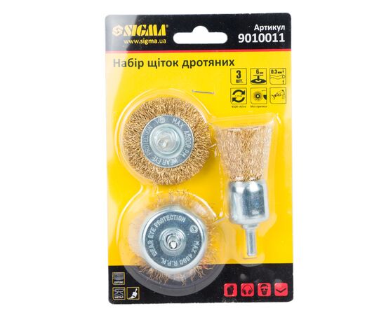 Щетка для электроинструмента Sigma набор 3шт, 25; 50; 50мм хвостовик 6мм, латунированные (9010011), изображение 2 Щетка для электроинструмента Sigma набор 3шт, 25; 50; 50мм хвостовик 6мм, латунированные (9010011), изображение 2