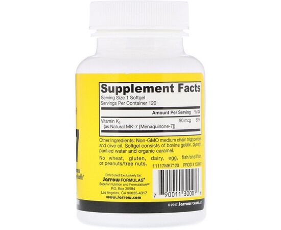 Витамин Jarrow Formulas Витамин K2 в форме MK-7, 90 мкг, MK-7, Vitamin K2 as MK-7, (JRW-30007), изображение 2 Витамин Jarrow Formulas Витамин K2 в форме MK-7, 90 мкг, MK-7, Vitamin K2 as MK-7, (JRW-30007), изображение 2