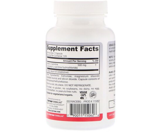 Аминокислота Jarrow Formulas Ацетил L-Карнитин, Acetyl L-Carnitine, 500 мг, 120 капсул (JRW-15062), изображение 2 Аминокислота Jarrow Formulas Ацетил L-Карнитин, Acetyl L-Carnitine, 500 мг, 120 капсул (JRW-15062), изображение 2