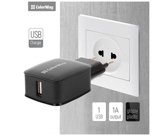 Зарядное устройство ColorWay 1USB 1A black (CW-CHS001-BK), изображение 6 Зарядное устройство ColorWay 1USB 1A black (CW-CHS001-BK), изображение 6