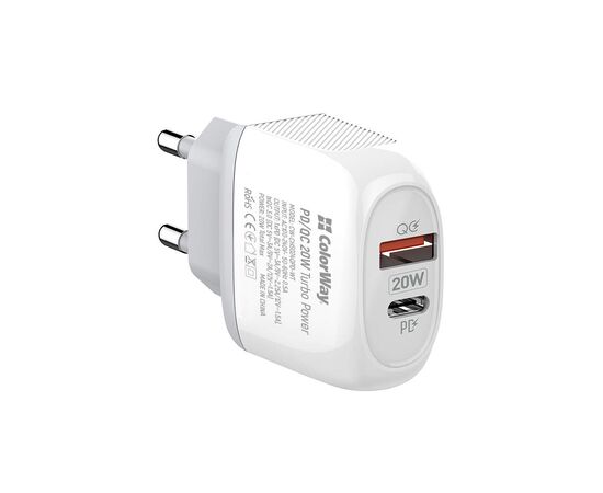 Зарядное устройство ColorWay Type-C PD + USB QC3.0 20W white (CW-CHS024QPD-WT), изображение 2 Зарядное устройство ColorWay Type-C PD + USB QC3.0 20W white (CW-CHS024QPD-WT), изображение 2