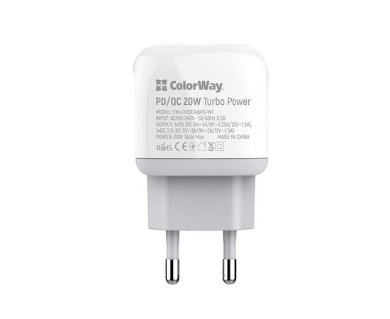 Зарядное устройство ColorWay Type-C PD + USB QC3.0 20W white (CW-CHS024QPD-WT), изображение 5 Зарядное устройство ColorWay Type-C PD + USB QC3.0 20W white (CW-CHS024QPD-WT), изображение 5