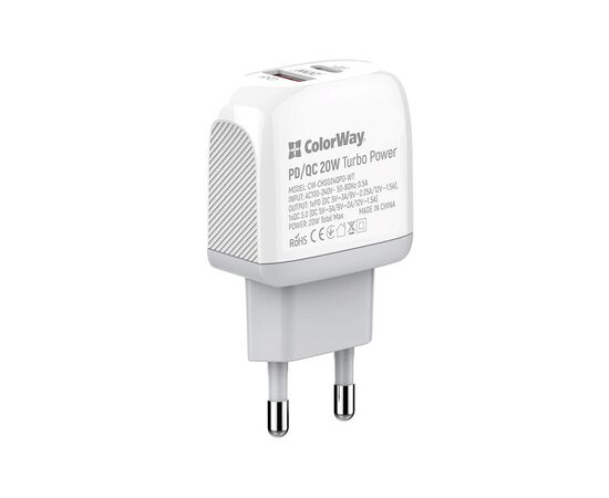 Зарядное устройство ColorWay Type-C PD + USB QC3.0 20W white (CW-CHS024QPD-WT), изображение 6 Зарядное устройство ColorWay Type-C PD + USB QC3.0 20W white (CW-CHS024QPD-WT), изображение 6