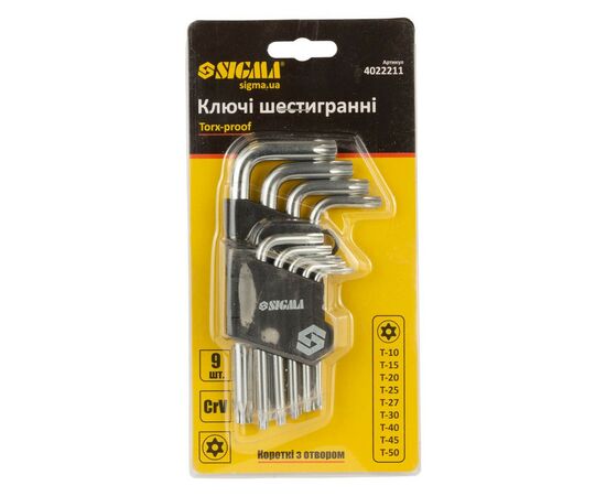 Ключ Sigma набір TORX 9шт T10-T50 CrV, короткі з отвором (4022211), зображення 8 Ключ Sigma набір TORX 9шт T10-T50 CrV, короткі з отвором (4022211), зображення 8